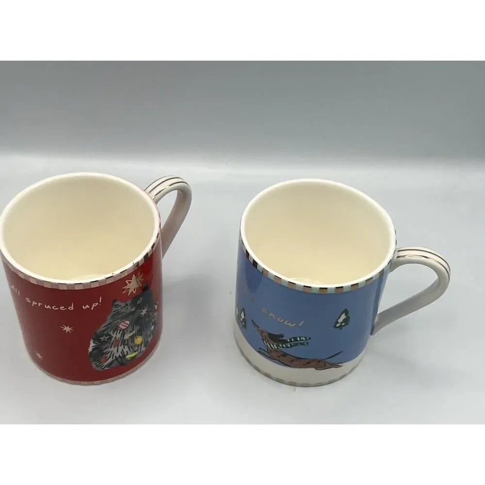 Anthropologie Caroline Holiday Creature Comforts Mug Dog Dachshund Cat Set of 2